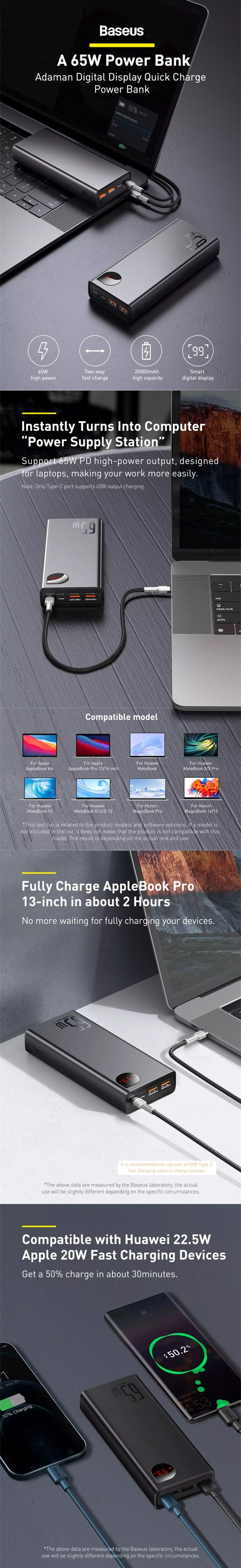 Baseus Adaman 65W 20000mAh Metal Digital Display Quick Charge Power Bank 5