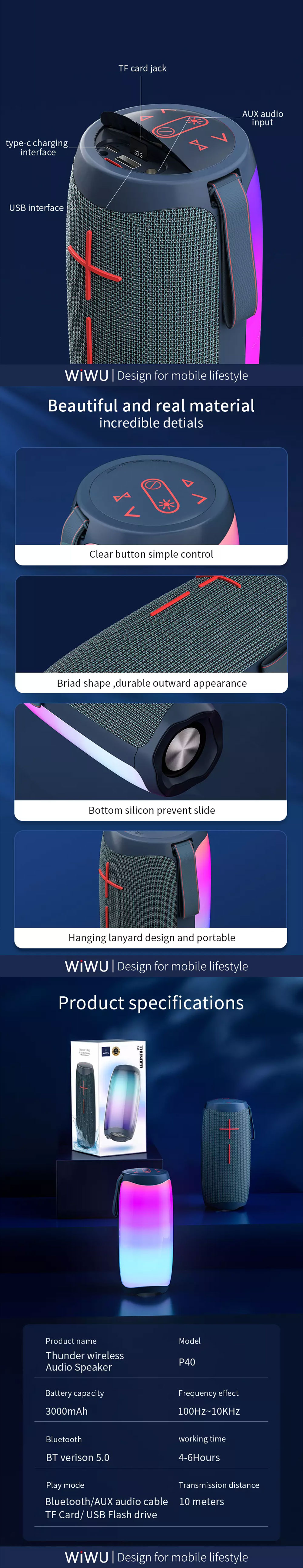 WiWU P40 Thunder LED Wireless Speaker 6